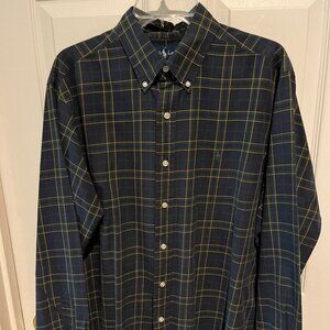 Ralph Lauren, Long Sleeve, Button Front Dark Navy Green Gold Plaid Size Large